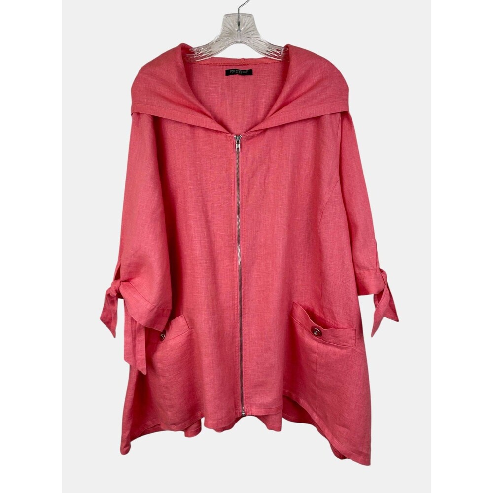 For Cynthia Linen Hooded Jacket Zip Front Coral Pink Lagenlook Artsy Coastal 2X